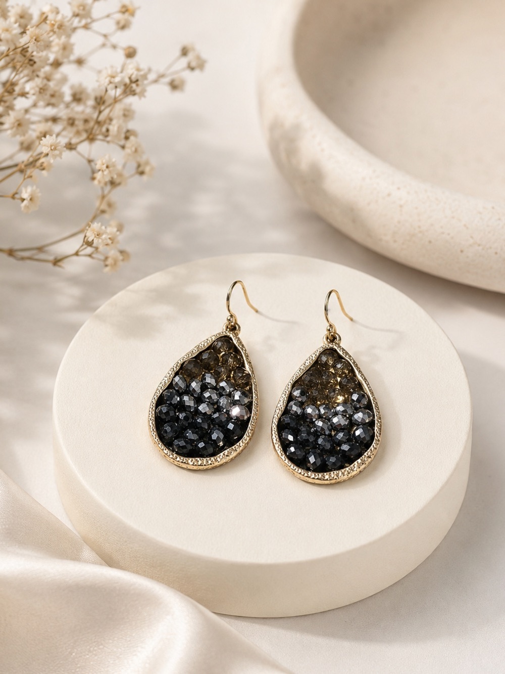 Chico’s Plumage Beaded Teardrop Drop Earrings Gold Gray NWT